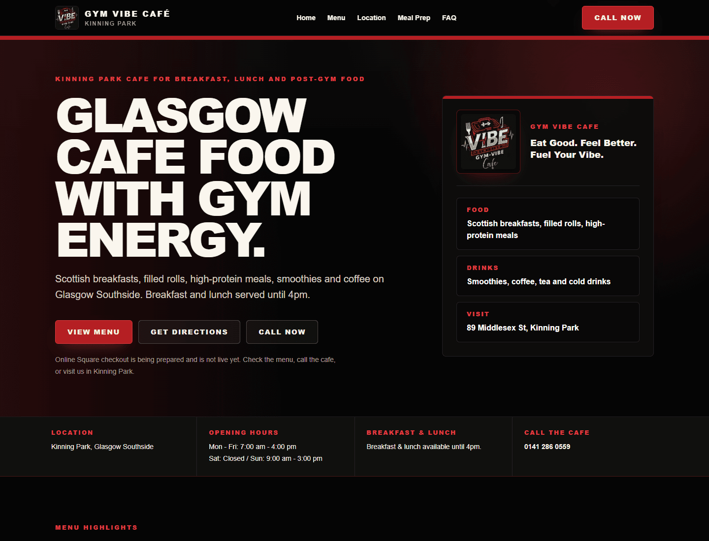 Gym Vibe Cafe website on desktop
